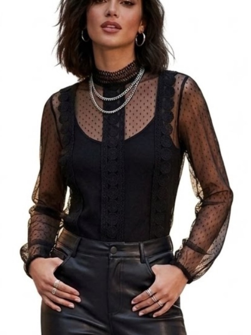 Miss Cocoa Sheer Black Lace-Trim Mock Neck Blouse Top Edwardian Steampunk Small